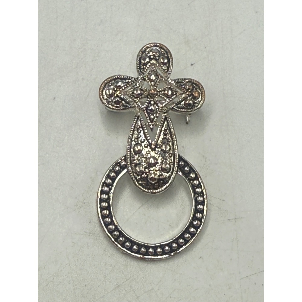Vtg Silver Tone Marcasite Style Cross Door Knocker Brooch Pin Antiqued Finish